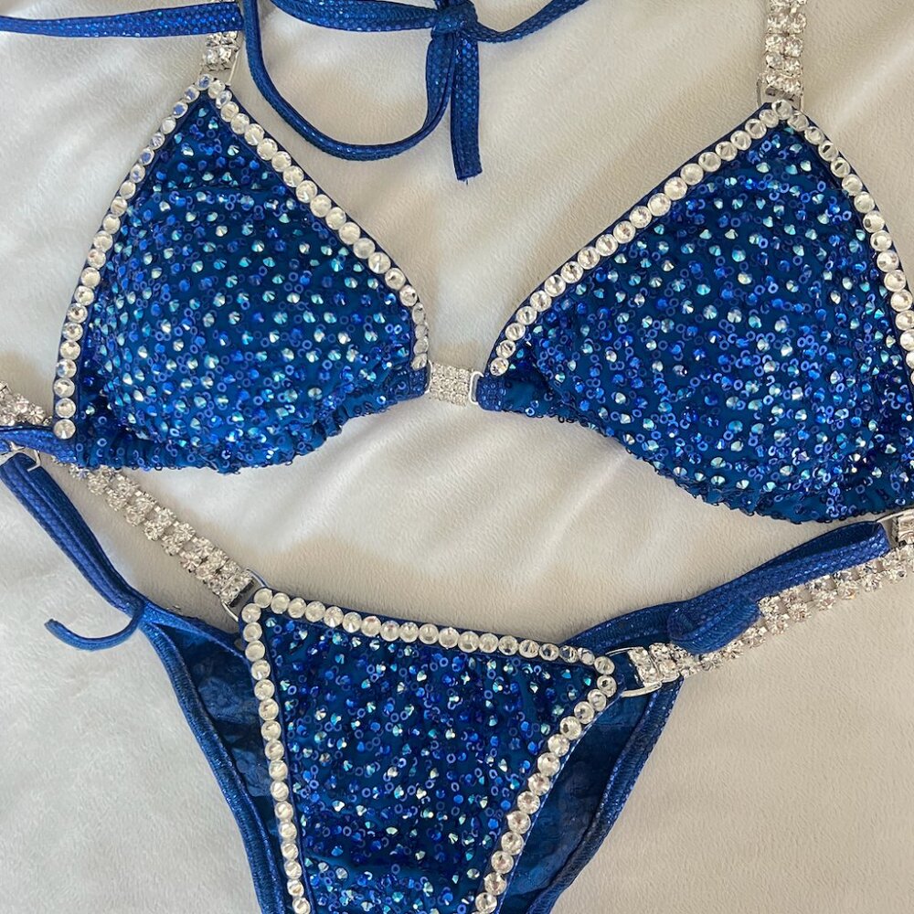 Blue Sequin competition Bikini with Crystal Trim